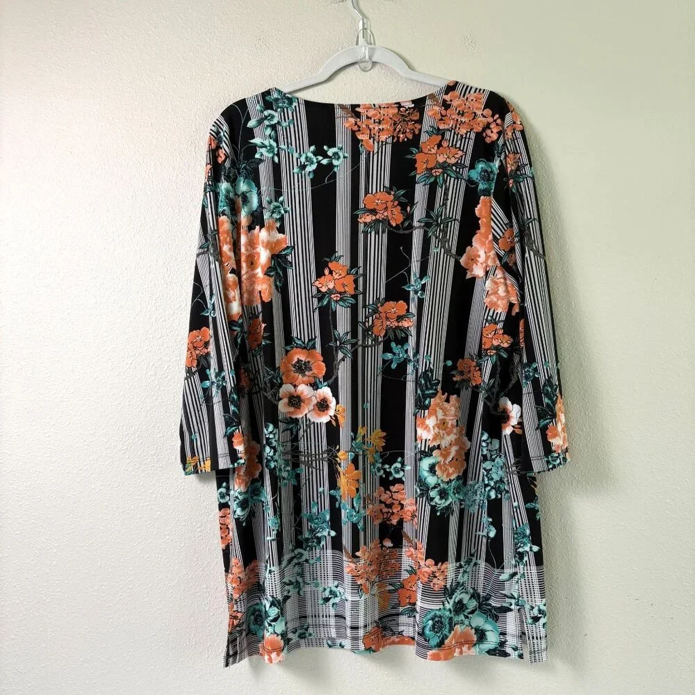 Chicos Top Womens 3 US XL Orange Blue Floral Striped 3/4 Sleeve V Neck Blouse